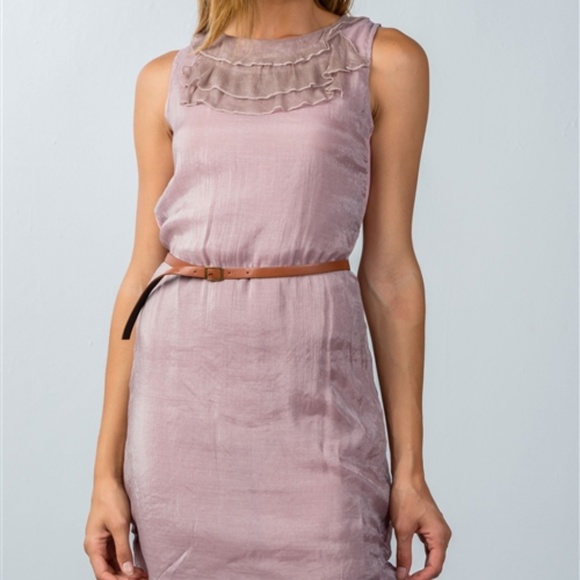 PINK CHIFFON BELTED MINI DRESS - Picture 1 of 3